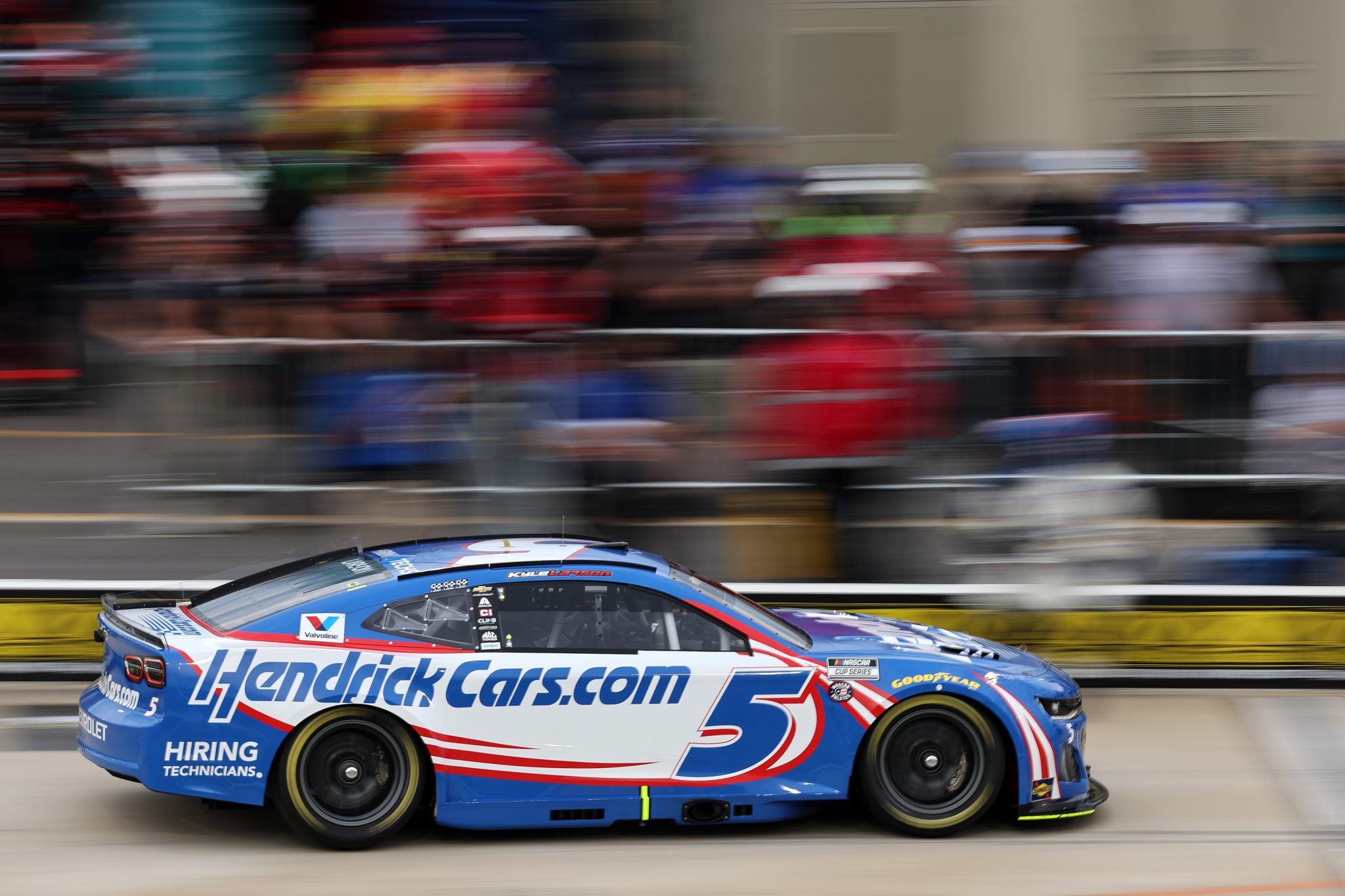 NORTH WILKESBORO, NORTH CAROLINA - MAY 16: Justin Allgaier, driver of the #5 HendrickCars.com Chevrolet, exits pit road during qualifying for the NASCAR Cup Series All-Star Pit Crew Challenge Entries at North Wilkesboro Speedway on May 16, 2025 in North Wilkesboro, North Carolina. (Photo by David Jensen/Getty Images) | Getty Images