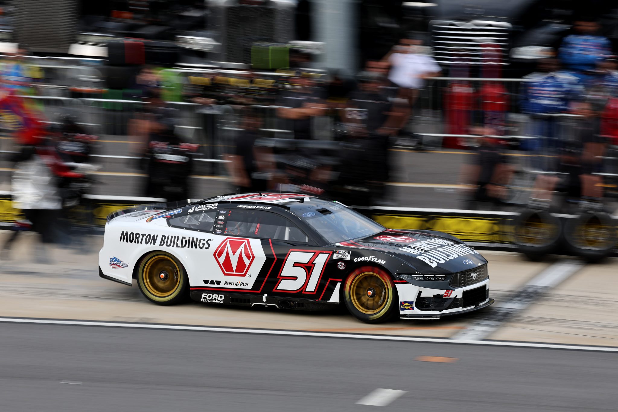 NORTH WILKESBORO, NORTH CAROLINA - MAY 16: Harrison Burton, driver of the #51 Morton Buildings Ford, exits pit road during qualifying for the NASCAR Cup Series All-Star Pit Crew Challenge Entries at North Wilkesboro Speedway on May 16, 2025 in North Wilkesboro, North Carolina. (Photo by David Jensen/Getty Images) | Getty Images