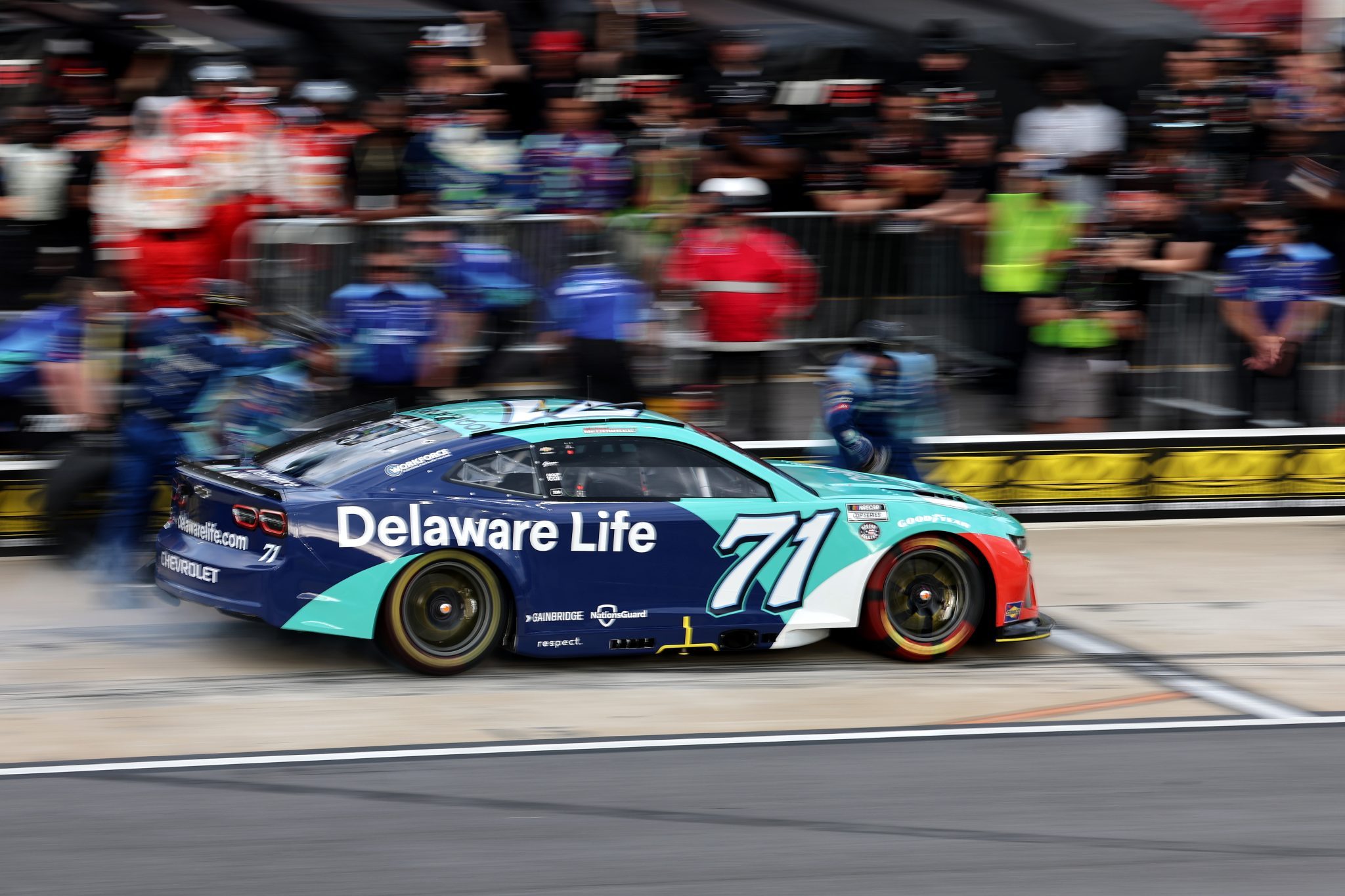 NORTH WILKESBORO, NORTH CAROLINA - MAY 16: Michael McDowell, driver of the #71 Delaware Life Chevrolet, exits pit road during qualifying for the NASCAR Cup Series All-Star Pit Crew Challenge Open at North Wilkesboro Speedway on May 16, 2025 in North Wilkesboro, North Carolina. (Photo by David Jensen/Getty Images) | Getty Images