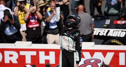 NORTH WILKESBORO, NORTH CAROLINA - MAY 17: Chandler Smth, driver of the #38 QuickTie Ford, celebrates after winning the NASCAR Craftsman Truck Series Window World 250 at North Wilkesboro Speedway on May 17, 2025 in North Wilkesboro, North Carolina. (Photo by James Gilbert/Getty Images) | Getty Images