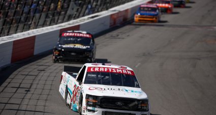 NORTH WILKESBORO, NORTH CAROLINA - MAY 17: Chandler Smth, driver of the #38 QuickTie Ford, drives during the NASCAR Craftsman Truck Series Window World 250 at North Wilkesboro Speedway on May 17, 2025 in North Wilkesboro, North Carolina. (Photo by James Gilbert/Getty Images) | Getty Images