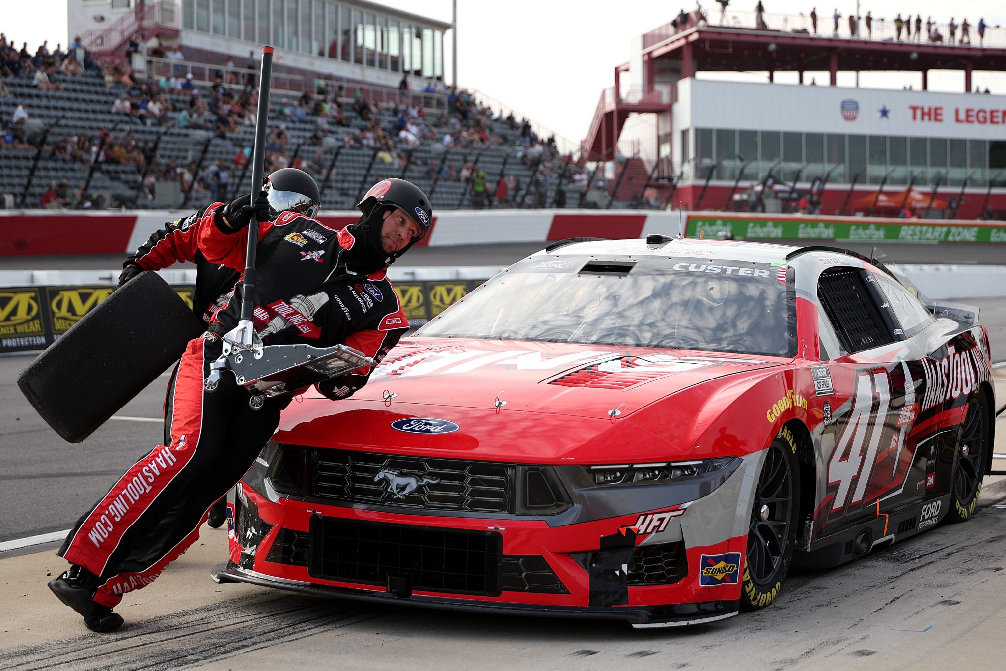 NORTH WILKESBORO, NORTH CAROLINA - MAY 16: Cole Custer, driver of the #41 HaasTooling.com Ford, pits during qualifying for the NASCAR Cup Series All-Star Pit Crew Challenge Entries at North Wilkesboro Speedway on May 16, 2025 in North Wilkesboro, North Carolina. (Photo by James Gilbert/Getty Images) | Getty Images