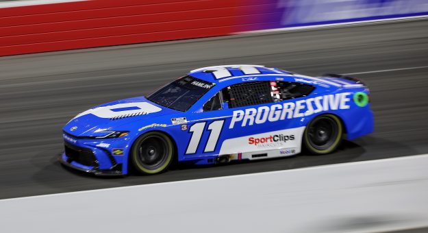 NORTH WILKESBORO, NORTH CAROLINA - MAY 18: Denny Hamlin, driver of the #11 Progressive Toyota, drives during the NASCAR Cup Series All-Star Race at North Wilkesboro Speedway on May 18, 2025 in North Wilkesboro, North Carolina. (Photo by James Gilbert/Getty Images) | Getty Images