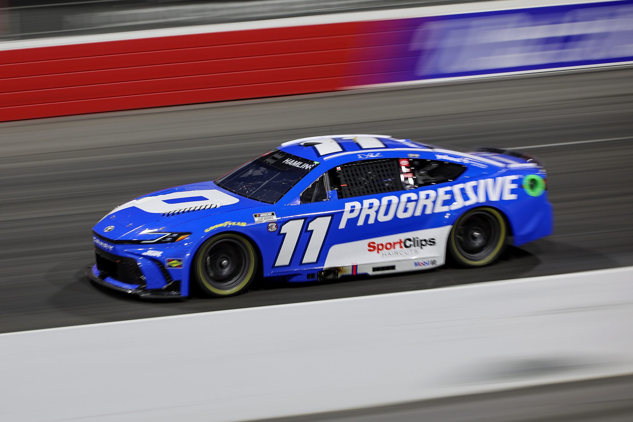 NORTH WILKESBORO, NORTH CAROLINA - MAY 18: Denny Hamlin, driver of the #11 Progressive Toyota, drives during the NASCAR Cup Series All-Star Race at North Wilkesboro Speedway on May 18, 2025 in North Wilkesboro, North Carolina. (Photo by James Gilbert/Getty Images) | Getty Images