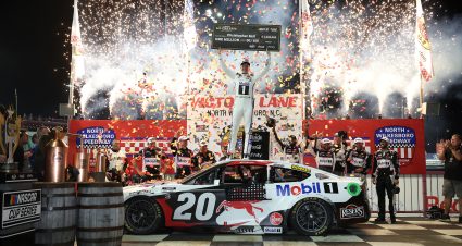 NORTH WILKESBORO, NORTH CAROLINA - MAY 18: Christopher Bell, driver of the #20 Mobil 1 Toyota, celebrates in Victory Lane after winning the NASCAR Cup Series All-Star Race at North Wilkesboro Speedway on May 18, 2025 in North Wilkesboro, North Carolina. (Photo by James Gilbert/Getty Images) | Getty Images