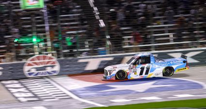 FORT WORTH, TEXAS - MAY 02: Corey Heim, driver of the #11 Safelite/Foster Love Toyota, crosses the finish line to win the NASCAR Craftsman Truck Series SpeedyCash.com 250 at Texas Motor Speedway on May 02, 2025 in Fort Worth, Texas. (Photo by Chris Graythen/Getty Images) | Getty Images