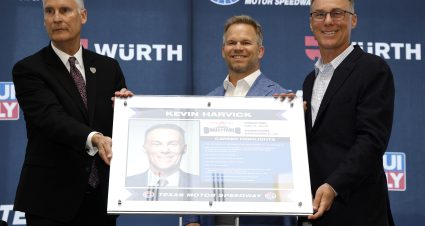 FORT WORTH, TEXAS - MAY 02: Retired NASCAR Cup Series driver, Kevin Harvick, and 2025 inductee to the Texas Motorsports Hall Of Fame (R) poses with his career highlights plaque with Mark Faber, Executive Vice President & General Manager, Texas Motor Speedway (L) and Marcus Smith, President and CEO, Speedway Motorsports during the Hall of Fame Luncheon at Texas Motor Speedway on May 02, 2025 in Fort Worth, Texas. (Photo by Sean Gardner/Getty Images) | Getty Images