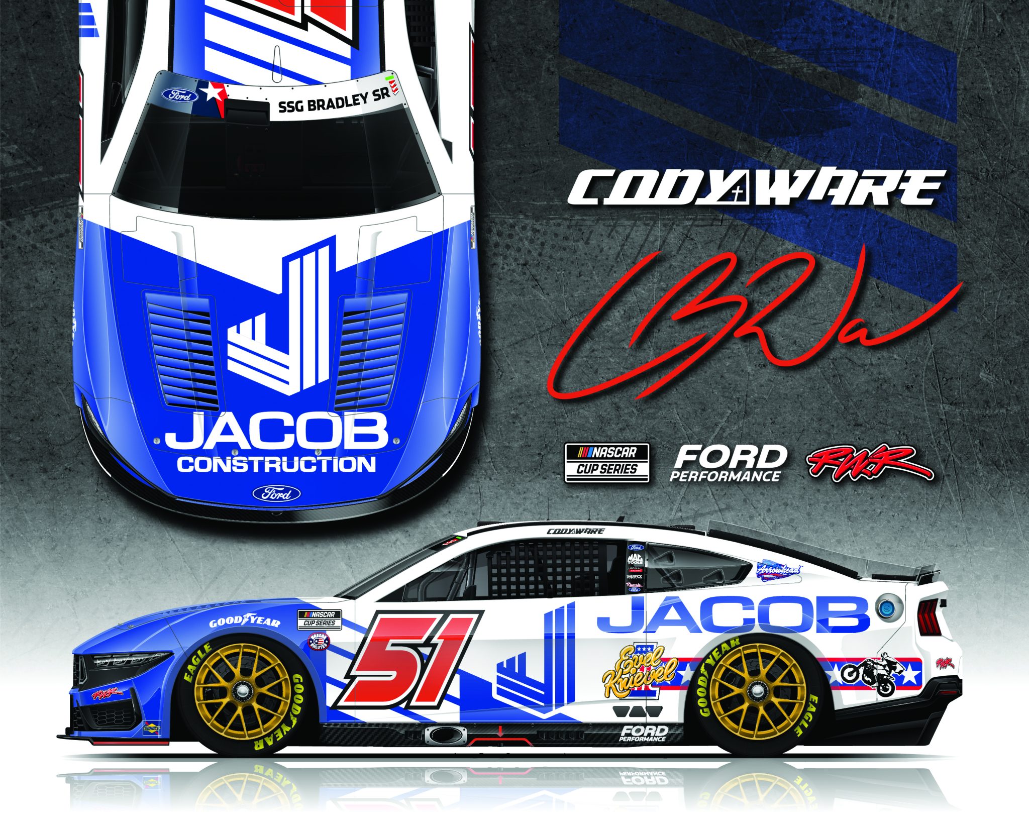 Cody Ware's Jacob Construction scheme for the 2025 Coca-Cola 600 at Charlotte Motor Speedway. Image from Rick Ware Racing.