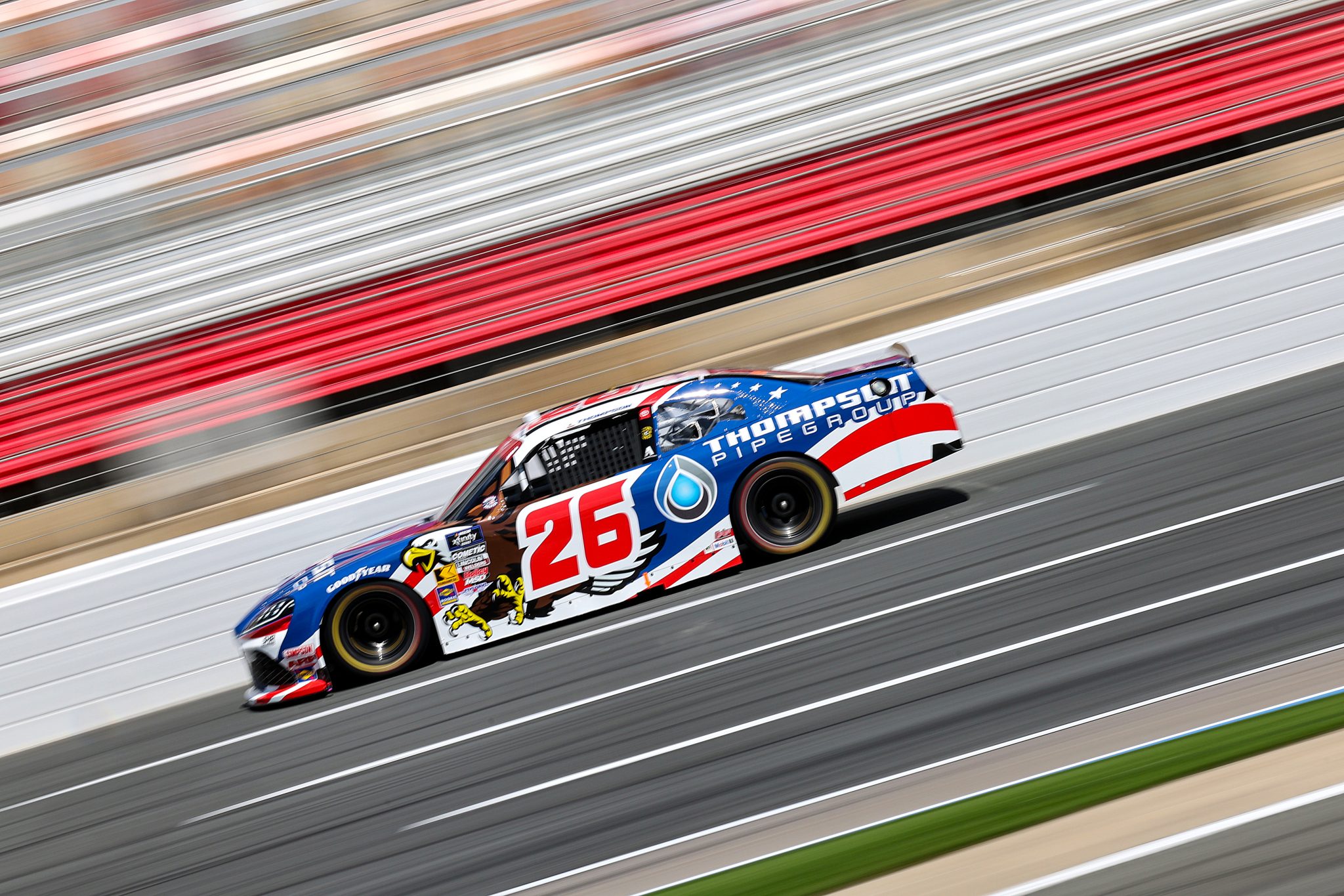 CONCORD, NORTH CAROLINA - MAY 24: Dean Thompson, driver of the #26 Thompson Pipe Group Toyota, drives during practice for the NASCAR Xfinity Series BetMGM 300 at Charlotte Motor Speedway on May 24, 2025 in Concord, North Carolina. (Photo by David Jensen/Getty Images) | Getty Images