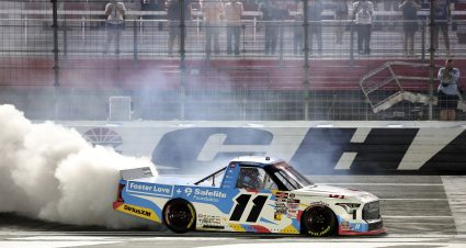 CONCORD, NORTH CAROLINA - MAY 23: Corey Heim, driver of the #11 Safelite/Foster Love Toyota, celebrates with a burnout after winning the NASCAR Craftsman Truck Series North Carolina Education Lottery 200 at Charlotte Motor Speedway on May 23, 2025 in Concord, North Carolina. (Photo by David Jensen/Getty Images) | Getty Images