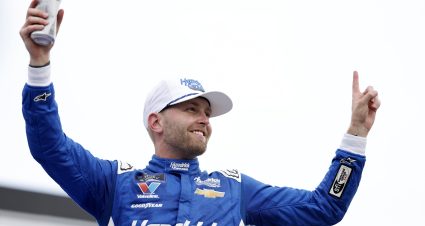 CONCORD, NORTH CAROLINA - MAY 24: William Byron, driver of the #17 HendrickCars.com Chevrolet, celebrates in victory lane after winning  the NASCAR Xfinity Series BetMGM 300 at Charlotte Motor Speedway on May 24, 2025 in Concord, North Carolina. (Photo by Logan Riely/Getty Images) | Getty Images