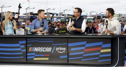 CONCORD, NORTH CAROLINA - MAY 25: (L-R) The NASCAR on Prime Video broadcast team Danielle Trotta, Carl Edwards, Steve Letarte and Corey LaJoie talk on set prior to the NASCAR Cup Series Coca-Cola 600 at Charlotte Motor Speedway on May 25, 2025 in Concord, North Carolina. (Photo by Logan Riely/Getty Images) | Getty Images
