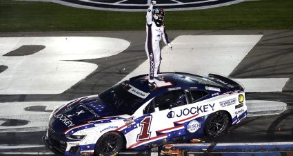 CONCORD, NORTH CAROLINA - MAY 25: Ross Chastain, driver of the #1 Jockey x Folds of Honor Chevrolet, celebrates after winning the NASCAR Cup Series Coca-Cola 600 at Charlotte Motor Speedway on May 25, 2025 in Concord, North Carolina. (Photo by Logan Riely/Getty Images) | Getty Images