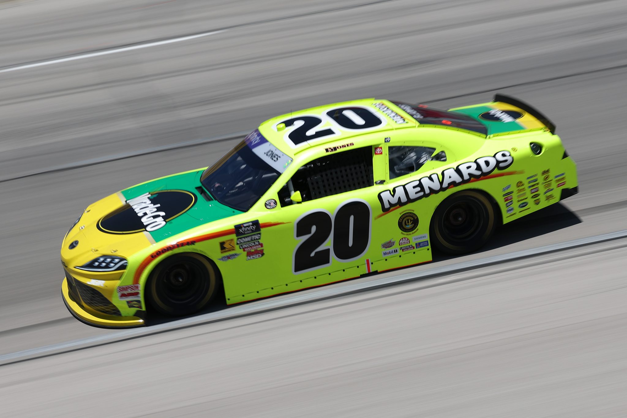FORT WORTH, TEXAS - MAY 03: Brandon Jones, driver of the #20 Menards/Miracle-Gro Toyota, drives during the NASCAR Xfinity Series Andy's Frozen Custard 300 at Texas Motor Speedway on May 03, 2025 in Fort Worth, Texas. (Photo by Kenneth Richmond/Getty Images) | Getty Images