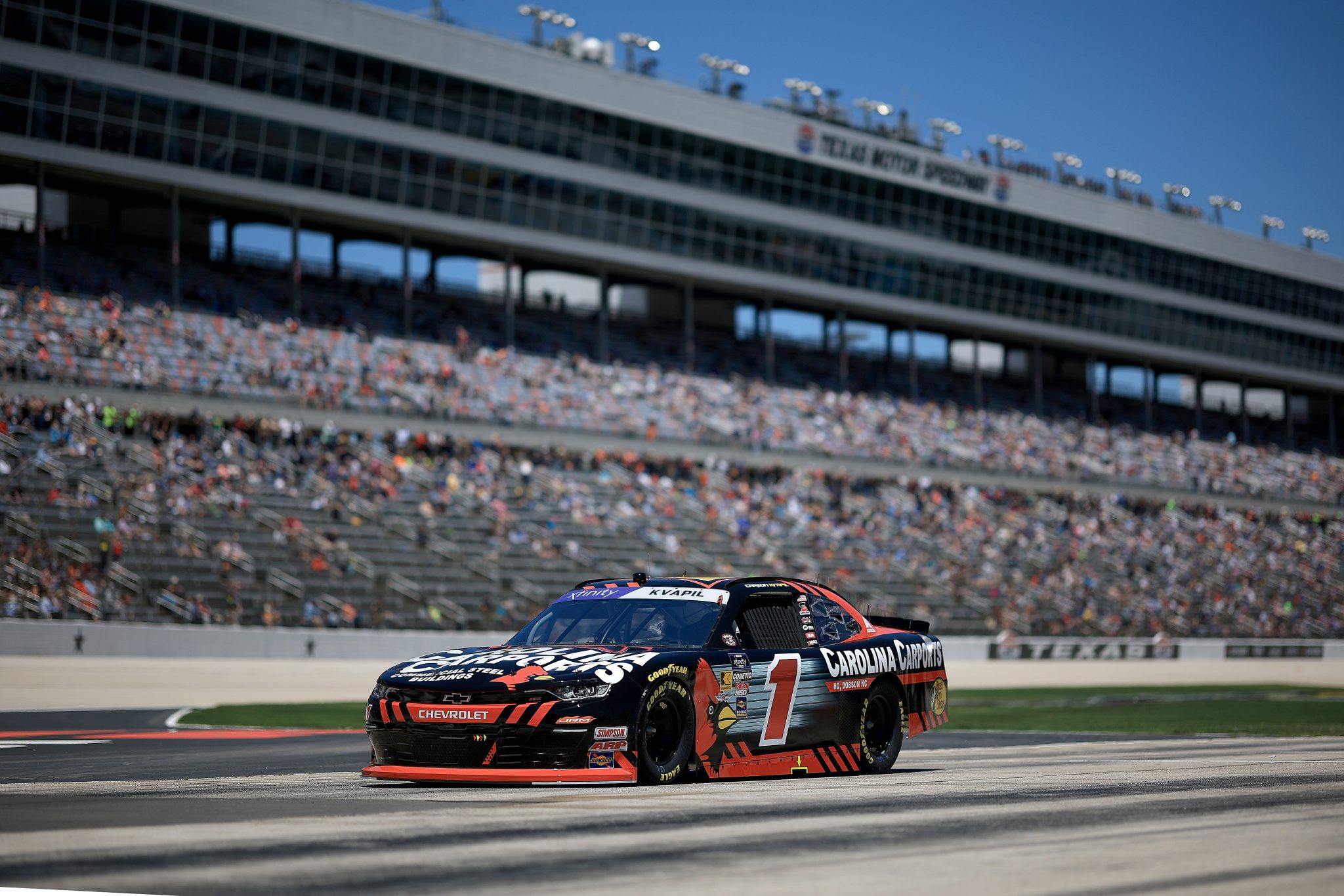 FORT WORTH, TEXAS - MAY 03: Carson Kvapil, driver of the #1 Carolina Carports Chevrolet, enters the track during the NASCAR Xfinity Series Andy's Frozen Custard 300 at Texas Motor Speedway on May 03, 2025 in Fort Worth, Texas. (Photo by Chris Graythen/Getty Images) | Getty Images