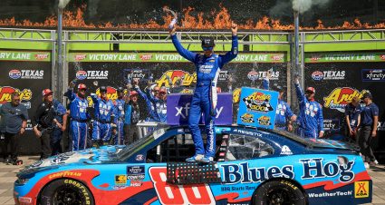 FORT WORTH, TEXAS - MAY 03: Kyle Larson, driver of the #88 Blues Hog Chevrolet, celebrates in victory lane after winning  the NASCAR Xfinity Series Andy's Frozen Custard 300 at Texas Motor Speedway on May 03, 2025 in Fort Worth, Texas. (Photo by Chris Graythen/Getty Images) | Getty Images