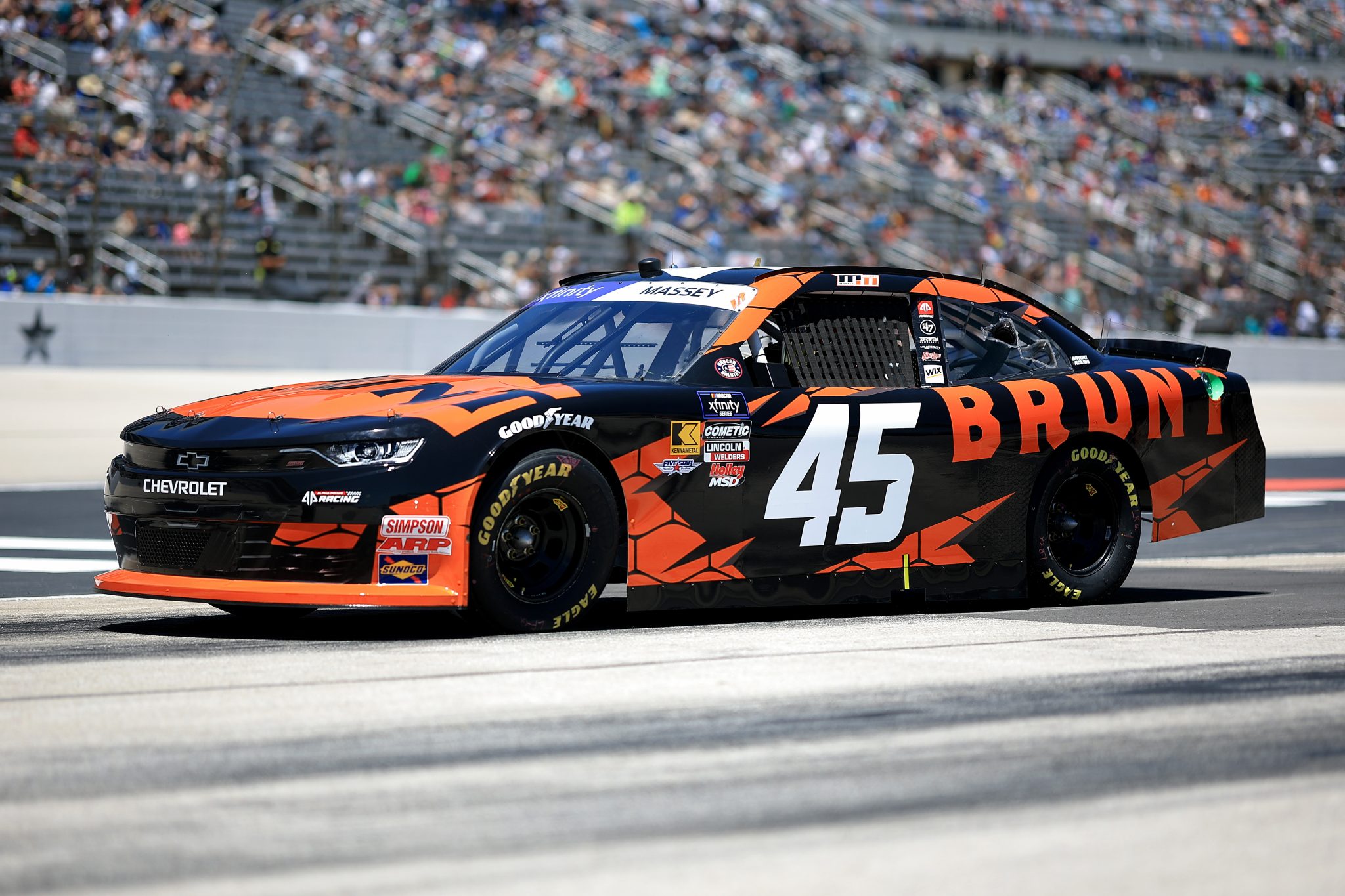 FORT WORTH, TEXAS - MAY 03: Mason Massey, driver of the #45 Brunt Workwear Chevrolet, enters the track during the NASCAR Xfinity Series Andy's Frozen Custard 300 at Texas Motor Speedway on May 03, 2025 in Fort Worth, Texas. (Photo by Chris Graythen/Getty Images) | Getty Images