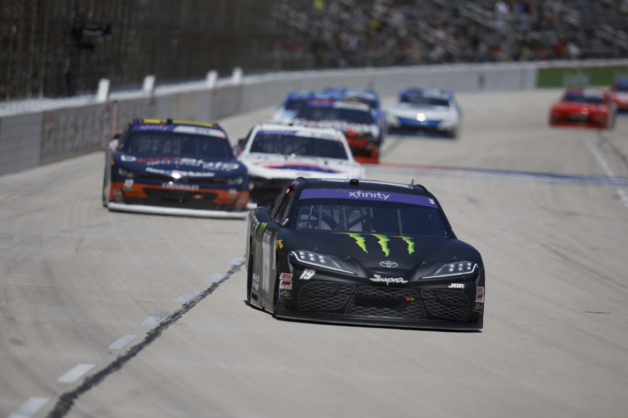 FORT WORTH, TEXAS - MAY 03: Riley Herbst, driver of the #19 Monster Energy Toyota, drives during the NASCAR Xfinity Series Andy's Frozen Custard 300 at Texas Motor Speedway on May 03, 2025 in Fort Worth, Texas. (Photo by Sean Gardner/Getty Images) | Getty Images
