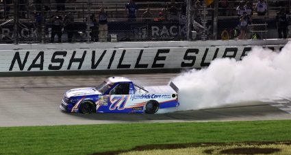 LEBANON, TENNESSEE - MAY 30: Rajah Caruth, driver of the #71 HendrickCars.com Chevrolet, celebrates with a burnout after winning the NASCAR Craftsman Truck Series Rackley Roofing 200 at Nashville Superspeedway on May 30, 2025 in Lebanon, Tennessee. (Photo by James Gilbert/Getty Images) | Getty Images