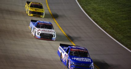 LEBANON, TENNESSEE - MAY 30: Rajah Caruth, driver of the #71 HendrickCars.com Chevrolet, leads Corey Heim, driver of the #11 Safelite/Foster Love Toyota, and t34during the NASCAR Craftsman Truck Series Rackley Roofing 200 at Nashville Superspeedway on May 30, 2025 in Lebanon, Tennessee. (Photo by Sean Gardner/Getty Images) | Getty Images