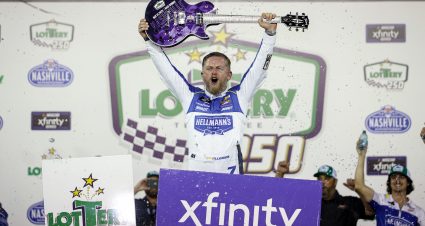 LEBANON, TENNESSEE - MAY 31: Justin Allgaier, driver of the #7 Hellmann's Chevrolet, celebrates in victory lane after winning the NASCAR Xfinity Series Tennessee Lottery 250 at Nashville Superspeedway on May 31, 2025 in Lebanon, Tennessee. (Photo by James Gilbert/Getty Images) | Getty Images
