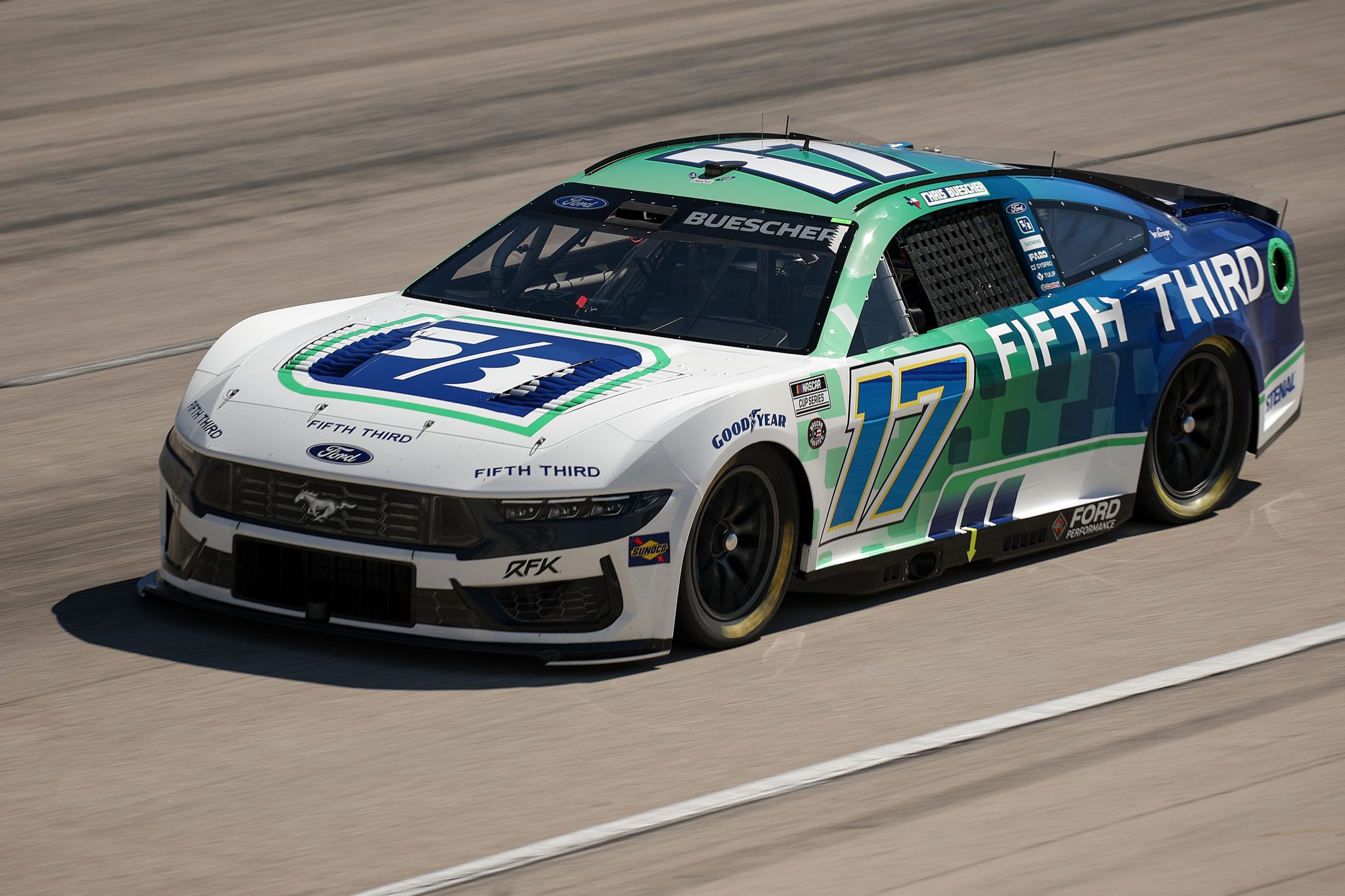 FORT WORTH, TEXAS - MAY 03: Chris Buescher, driver of the #17 Fifth Third Bank Ford, drives during practice for the NASCAR Cup Series Würth 400 at Texas Motor Speedway on May 03, 2025 in Fort Worth, Texas. (Photo by Chris Graythen/Getty Images) | Getty Images