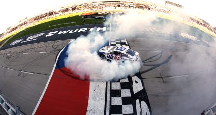 FORT WORTH, TEXAS - MAY 04: Joey Logano, driver of the #22 AAA Insurance Ford, celebrates with a burnout after winning the NASCAR Cup Series Würth 400 at Texas Motor Speedway on May 04, 2025 in Fort Worth, Texas. (Photo by James Gilbert/Getty Images) | Getty Images
