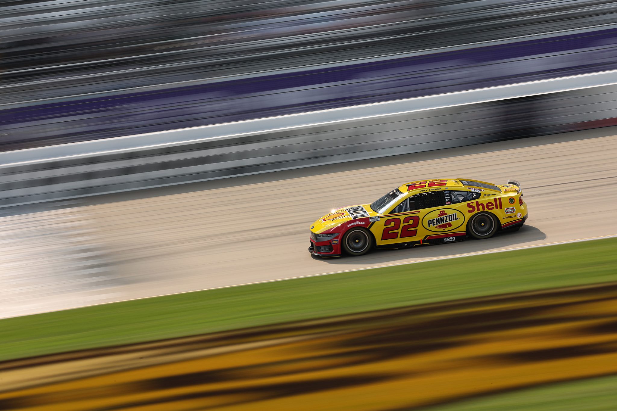 LEBANON, TENNESSEE - MAY 31: Joey Logano, driver of the #22 Shell Pennzoil Ford, drives during practice for the NASCAR Cup Series Cracker Barrel 400 at Nashville Superspeedway on May 31, 2025 in Lebanon, Tennessee. (Photo by James Gilbert/Getty Images) | Getty Images