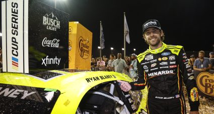 LEBANON, TENNESSEE - JUNE 01: Ryan Blaney, driver of the #12 Menards/Cardell Cabinetry Ford, poses with the winner sticker on his car in victory lane after winning the NASCAR Cup Series Cracker Barrel 400 at Nashville Superspeedway on June 01, 2025 in Lebanon, Tennessee. (Photo by Sean Gardner/Getty Images) | Getty Images