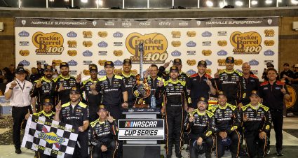 LEBANON, TENNESSEE - JUNE 01: Ryan Blaney, driver of the #12 Menards/Cardell Cabinetry Ford, and crew celebrate in victory lane after winning NASCAR Cup Series Cracker Barrel 400 at Nashville Superspeedway on June 01, 2025 in Lebanon, Tennessee. (Photo by Sean Gardner/Getty Images) | Getty Images