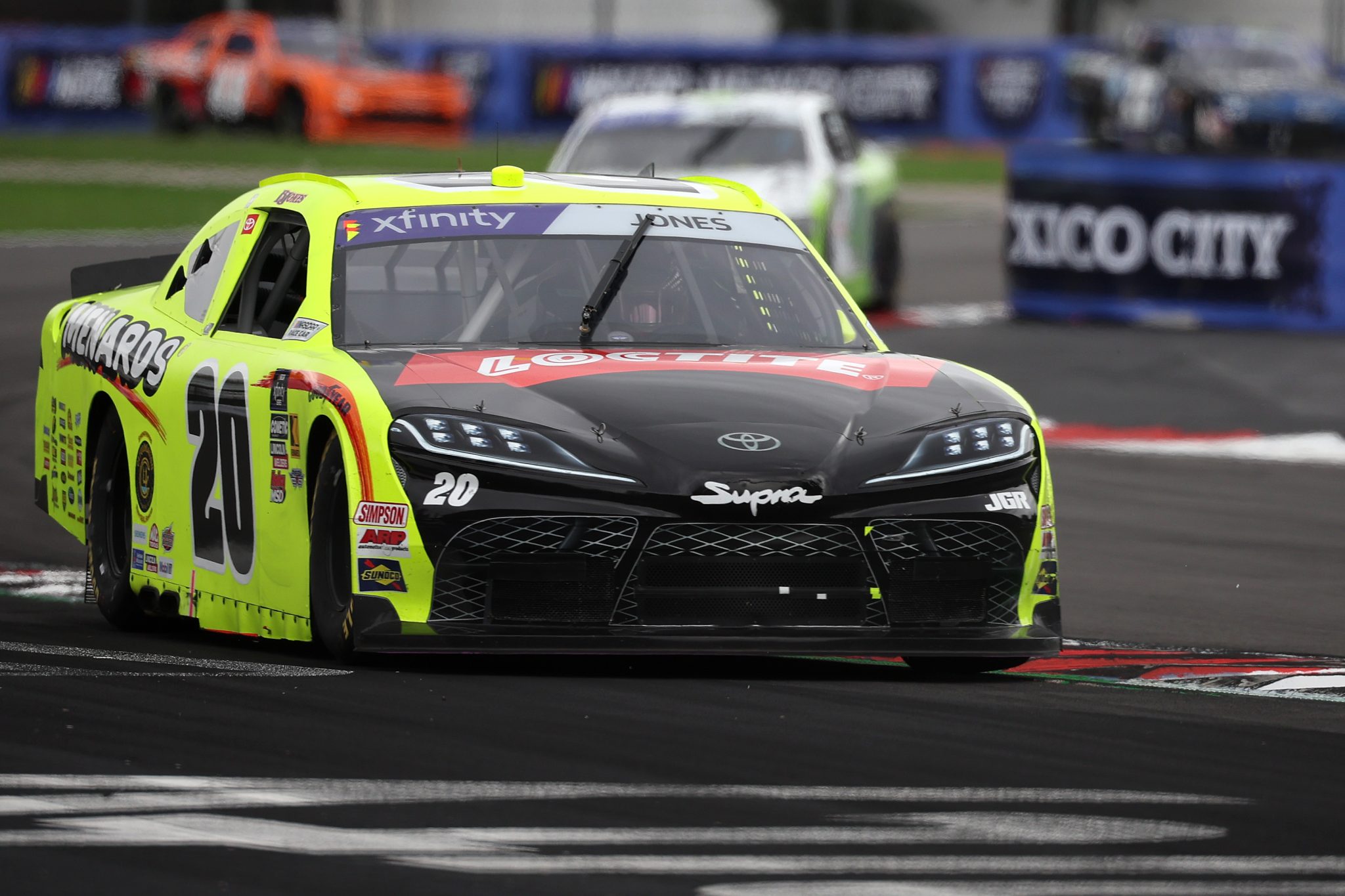 MEXICO CITY, MEXICO - JUNE 14: Brandon Jones, driver of the #20 Menards/Loctite Toyota, drives during the NASCAR Xfinity Series The Chilango 150 at Autodromo Hermanos Rodriguez on June 14, 2025 in Mexico City, Mexico. (Photo by James Gilbert/Getty Images) | Getty Images