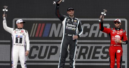 MEXICO CITY, MEXICO - JUNE 15: Shane Van Gisbergen, driver of the #88 Safety Culture Chevrolet (C) winner, Christopher Bell, driver of the #20 Mobil 1 Toyota (L) second place, and Chase Elliott, driver of the #9 LLumar Chevrolet, third place celebrate in victory lane the NASCAR Cup Series Viva Mexico 250 at Autodromo Hermanos Rodriguez on June 15, 2025 in Mexico City, Mexico. (Photo by Sean Gardner/Getty Images) | Getty Images