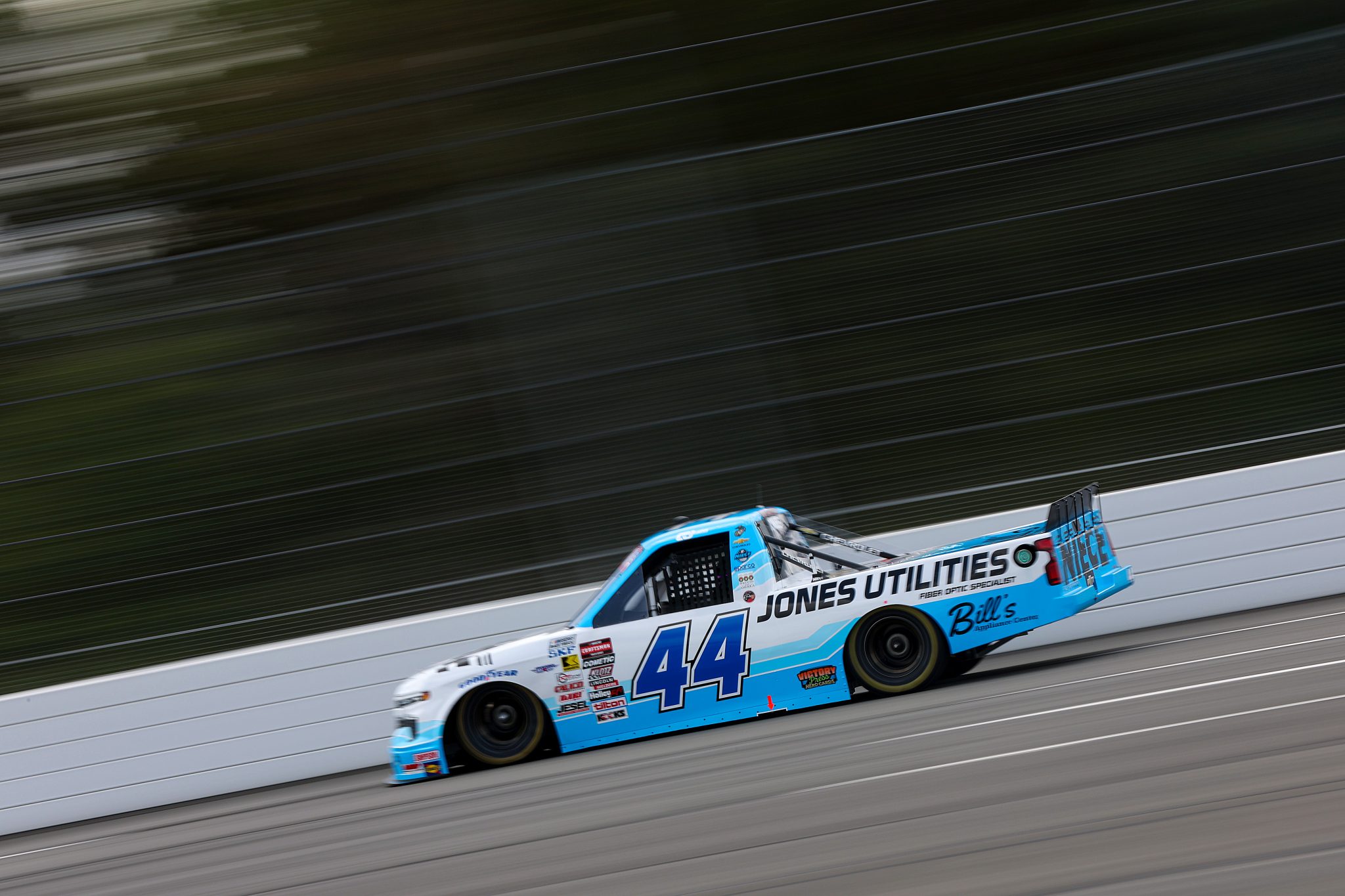 LONG POND, PENNSYLVANIA - JUNE 20: Conner Jones, driver of the #44 Bill's Appliance Center Chevrolet, drives during practice for the NASCAR Craftsman Truck Series MillerTech Battery 200 at Pocono Raceway on June 20, 2025 in Long Pond, Pennsylvania. (Photo by Meg Oliphant/Getty Images) | Getty Images