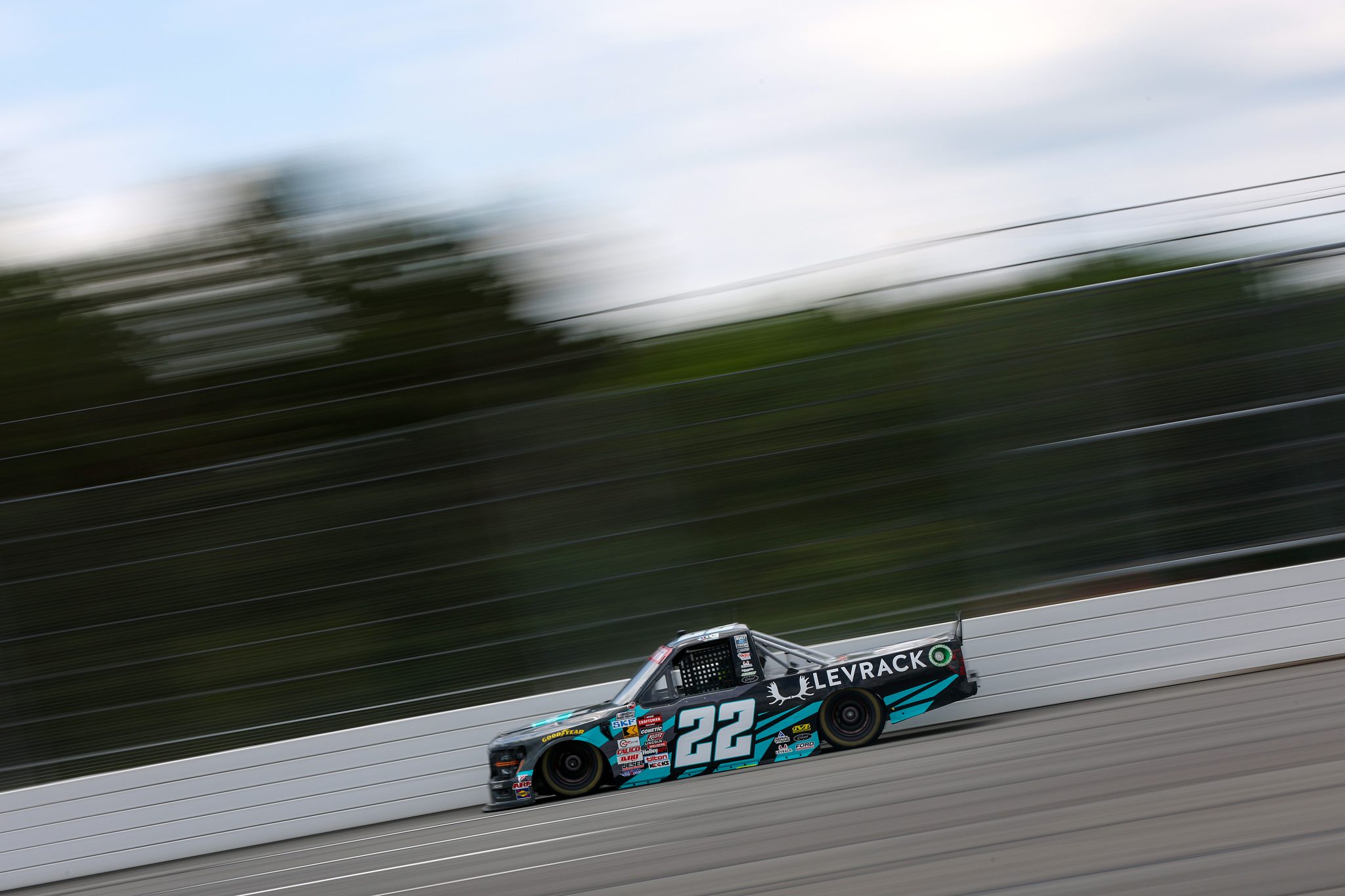 LONG POND, PENNSYLVANIA - JUNE 20: Clayton Green, driver of the #22 Vyper/Levrack Ford, drives during practice for the NASCAR Craftsman Truck Series MillerTech Battery 200 at Pocono Raceway on June 20, 2025 in Long Pond, Pennsylvania. (Photo by Meg Oliphant/Getty Images) | Getty Images