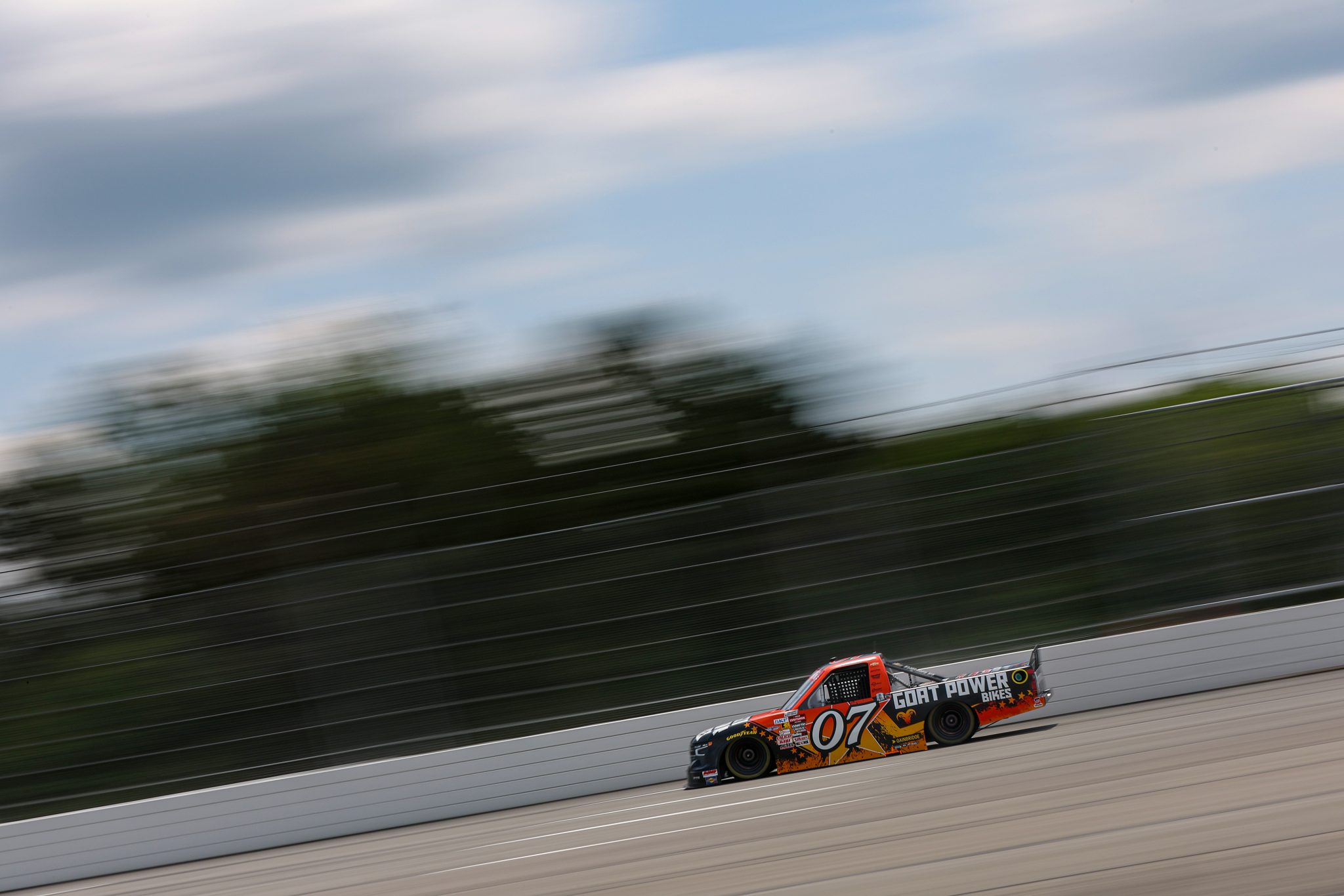 LONG POND, PENNSYLVANIA - JUNE 20: Patrick Emerling, driver of the #7 Goat Power Bikes Chevrolet, drives during practice for the NASCAR Craftsman Truck Series MillerTech Battery 200 at Pocono Raceway on June 20, 2025 in Long Pond, Pennsylvania. (Photo by Meg Oliphant/Getty Images) | Getty Images