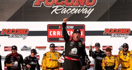 LONG POND, PENNSYLVANIA - JUNE 20: Layne Riggs, driver of the #34 Bare Knuckle Brawl Ford, celebrates in victory lane after winning the NASCAR Craftsman Truck Series MillerTech Battery 200 at Pocono Raceway on June 20, 2025 in Long Pond, Pennsylvania. (Photo by Meg Oliphant/Getty Images) | Getty Images