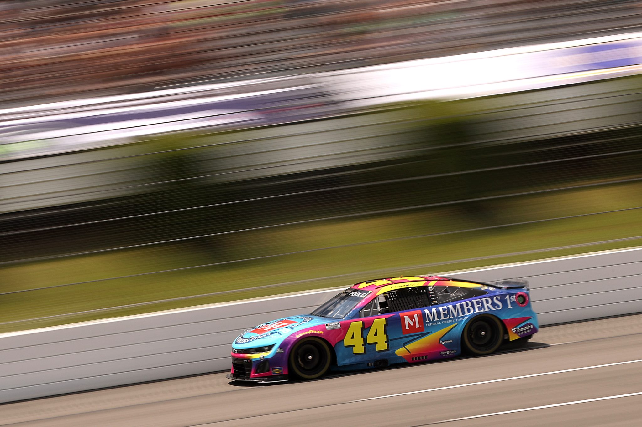 LONG POND, PENNSYLVANIA - JUNE 21: Brennan Poole, driver of the #44 Members 1st Credit Union Chevrolet, drives during qualifying for the NASCAR Cup Series The Great American Getaway 400 at Pocono Raceway on June 21, 2025 in Long Pond, Pennsylvania. (Photo by Meg Oliphant/Getty Images) | Getty Images