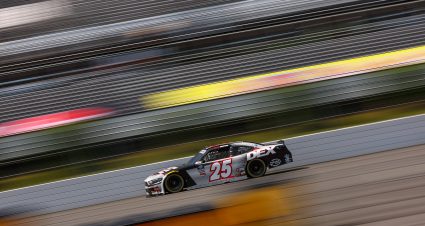 LONG POND, PENNSYLVANIA - JUNE 21: Harrison Burton, driver of the #25 DEX Imaging Ford, drives during practice for the NASCAR Xfinity Series Explore the Pocono Mountains 250 at Pocono Raceway on June 21, 2025 in Long Pond, Pennsylvania. (Photo by Meg Oliphant/Getty Images) | Getty Images