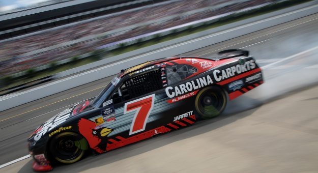 LONG POND, PENNSYLVANIA - JUNE 21: Justin Allgaier, driver of the #7 Carolina Carports Chevrolet, exits pit road during the NASCAR Xfinity Series Explore the Pocono Mountains 250 at Pocono Raceway on June 21, 2025 in Long Pond, Pennsylvania. (Photo by Jonathan Bachman/Getty Images) | Getty Images