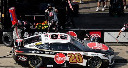 LONG POND, PENNSYLVANIA - JUNE 22: Christopher Bell, driver of the #20 Rheem Toyota, pits during the NASCAR Cup Series The Great American Getaway 400 at Pocono Raceway on June 22, 2025 in Long Pond, Pennsylvania. (Photo by Jonathan Bachman/Getty Images) | Getty Images