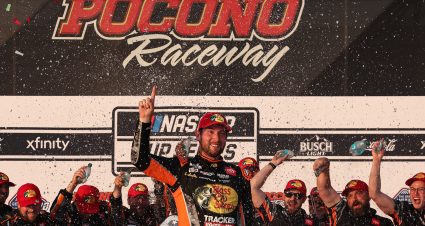 LONG POND, PENNSYLVANIA - JUNE 22: Chase Briscoe, driver of the #19 Bass Pro Shops Toyota, celebrates in victory lane after winning the NASCAR Cup Series The Great American Getaway 400 at Pocono Raceway on June 22, 2025 in Long Pond, Pennsylvania. (Photo by Meg Oliphant/Getty Images) | Getty Images