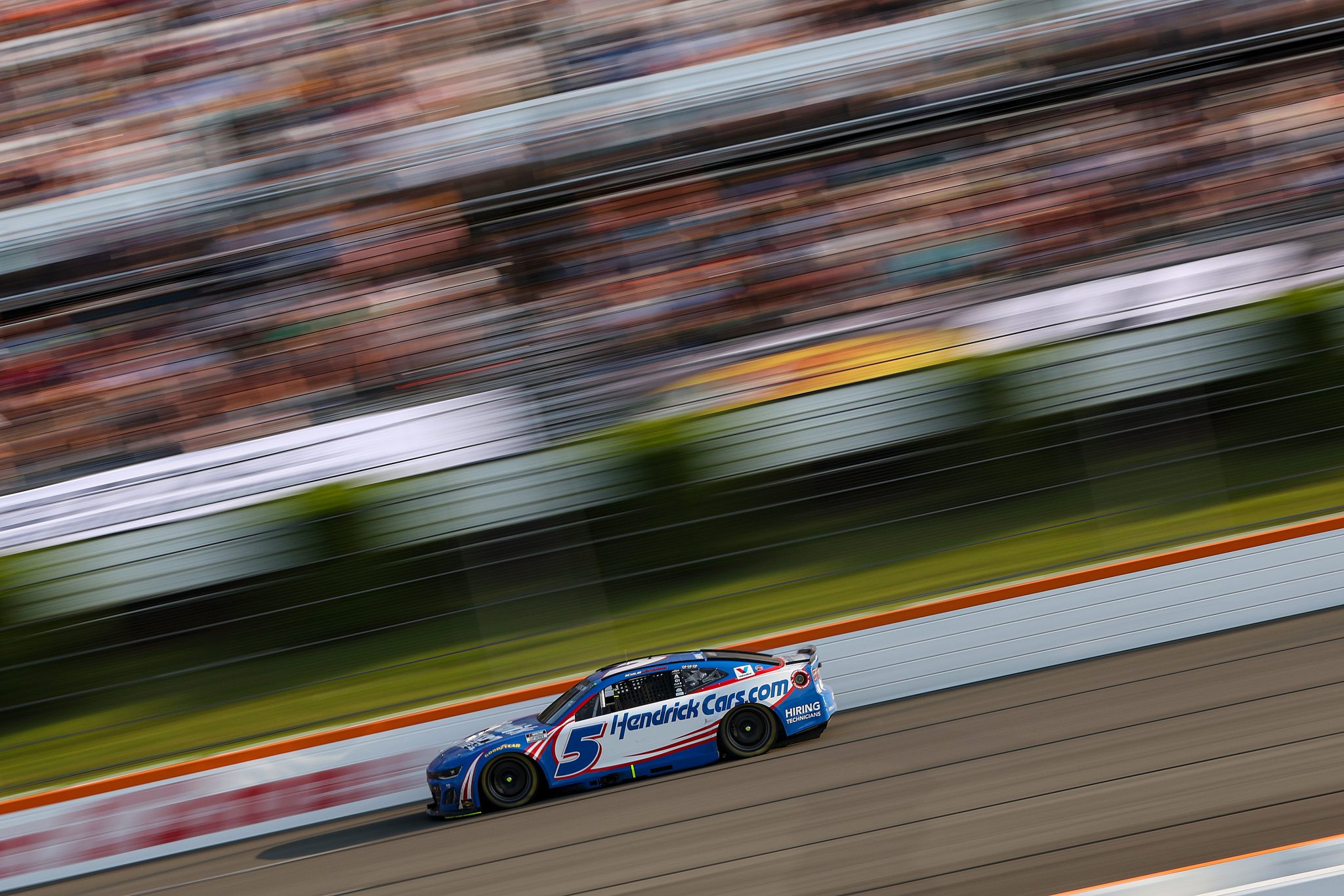 LONG POND, PENNSYLVANIA - JUNE 22: Kyle Larson, driver of the #5 HendrickCars.com Chevrolet, drives during the NASCAR Cup Series The Great American Getaway 400 at Pocono Raceway on June 22, 2025 in Long Pond, Pennsylvania. (Photo by Meg Oliphant/Getty Images) | Getty Images