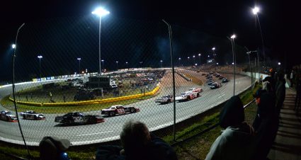 NEW SMYRNA BEACH, FL - FEBRUARY 18: General view of a restart in turn 4 during the NASCAR Whelen All-American Series Super Late Model race on February 18, 2015 in New Smyrna Beach, Florida. (Photo by Robert Laberge/NASCAR via Getty Images)