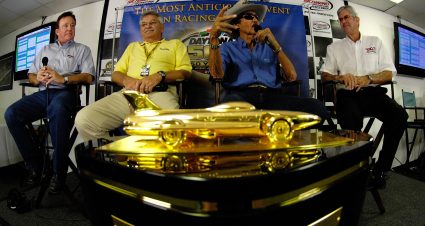 RICHMOND, VA - SEPTEMBER 07:  (L-R) Team owners Richard Childress, larry McClure, former NASCAR champion Richard Petty, and team owner Leonard Wood, speak during a press conference prior to practice for the NASCAR Nextel Cup Series Chevy Rock & Roll 400 at Richmond International Raceway on September 7, 2007 in Richmond, Virginia.  (Photo by Marc Serota/Getty Images for NASCAR) | Getty Images