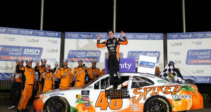 HAMPTON, GEORGIA - JUNE 27: Nick Sanchez, driver of the #48 Big Machine Spiked Coolers Chevrolet, celebrates in victory lane after winning the NASCAR Xfinity Series Focused Health 250 at Echo Park Speedway on June 27, 2025 in Hampton, Georgia. (Photo by Krista Jasso/Getty Images) | Getty Images