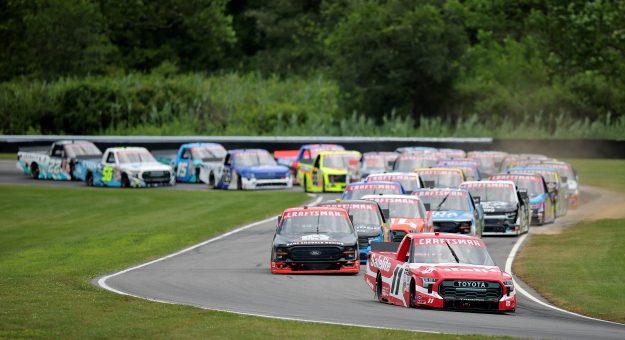 LAKEVILLE, CONNECTICUT - JUNE 28: Corey Heim, driver of the #11 Safelite Toyota, leads the field during the NASCAR Craftsman Truck Series LiUNA! 150 at Lime Rock Park on June 28, 2025 in Lakeville, Connecticut. (Photo by Jonathan Bachman/Getty Images) | Getty Images