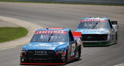 LAKEVILLE, CONNECTICUT - JUNE 28: Wesley Slimp, driver of the #62 HNTB Toyota, and Ty Majeski, driver of the #98 Soda Sense/Curb Records Ford, race during the NASCAR Craftsman Truck Series LiUNA! 150 at Lime Rock Park on June 28, 2025 in Lakeville, Connecticut. (Photo by Jonathan Bachman/Getty Images) | Getty Images