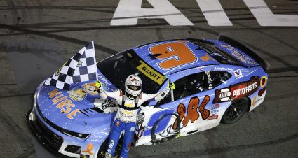 HAMPTON, GEORGIA - JUNE 28: Chase Elliott, driver of the #9 NAPA/Children's Chevrolet, celebrates with the checkered flag after winning the NASCAR Cup Series Quaker State 400 Available at Walmart at Echo Park Speedway on June 28, 2025 in Hampton, Georgia. (Photo by Sean Gardner/Getty Images) | Getty Images