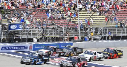 BROOKLYN, MICHIGAN - AUGUST 10: Christian Eckes, driver of the #51 SiriusXM Toyota, leads a pack of trucks during the NASCAR Gander Outdoor Truck Series Corrigan Oil 200 at Michigan International Speedway on August 10, 2019 in Brooklyn, Michigan. (Photo by Quinn Harris/Getty Images) | Getty Images