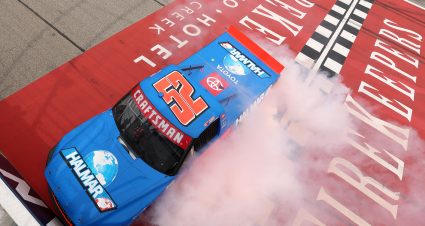 BROOKLYN, MICHIGAN - JUNE 07: Stewart Friesen, driver of the #52 Halmar International Toyota, celebrates with a burnout after winningthe NASCAR Craftsman Truck Series DQS Solutions & Staffing 250 Powered by Precision Vehicle Logistics at Michigan International Speedway on June 07, 2025 in Brooklyn, Michigan. (Photo by Meg Oliphant/Getty Images) | Getty Images